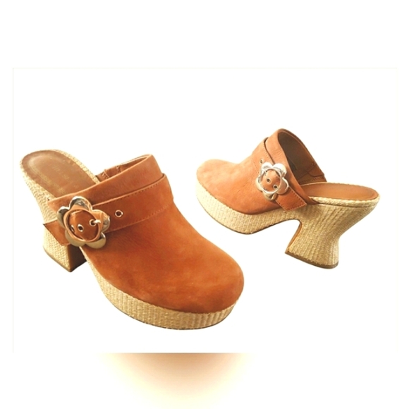 Boho 7 Retro Hipster Platform Brown Suede Espadrille Clog Mules New - Picture 2 of 7